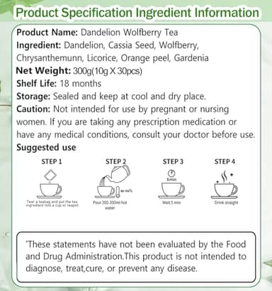 30pcs Dandelion Wolfberry Tea, Goji Berry Chrysanthemum Cassia Seed Tea, Seven Natural Herbal Ingredients, For Kidney & Liver Health(30bags, 300g) - Image 7