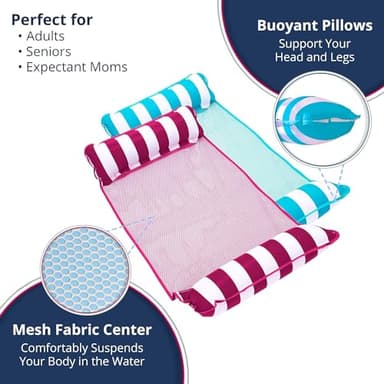 Aqua 4-in-1 Monterey Hammock Pool Float & Water Hammock, Multi-Purpose, Inflatable Pool Floats for Adults, Patented Thick, Non-Stick PVC Material, One Light Blue & One Burgundy/White Stripe, 2-Pack - Image 5