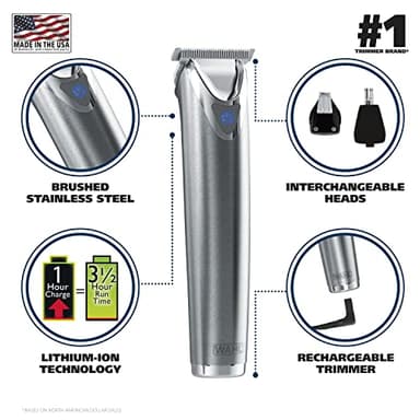 Wahl USA Stainless Steel Lithium-Ion Cordless Beard Trimmer for Men - Rechargeable All in One Men's Beard Trimmer with Rotary Ear & Nose Trimmer, & Detail Trimmer - Model 9818A - Image 3