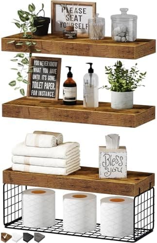 QEEIG Bathroom Shelves Over Toilet - Wall Mounted Floating Shelves Toilet Paper Storage Small Farmhouse Decor Shelf 16 inch Set of 3, Rustic Brown (019-BN3 - Image 3