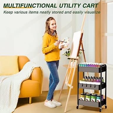 LEHOM 3 Tier Rolling Utility Cart, Metal Trolley Cart with Wheels, Hooks, Easy Assembly Organizer Storage Cart for Bathroom, Kitchen, Office, Bedroom(Black) - Image 8
