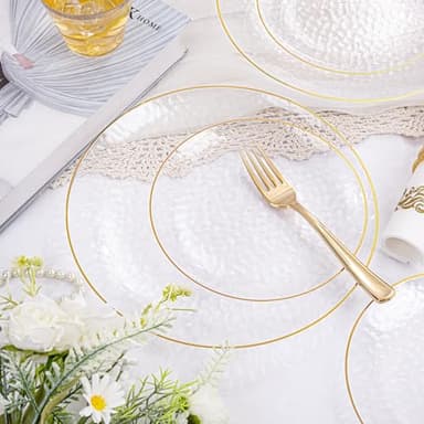 Rubtlamp 175 Pcs Plastic Dinnerware Set (25 Guests), Clear And Gold Plastic Plates, Hammered Party Plates Include Dinner Platos, Dessert Platos, Cups, Gold Cutlery Set And Napkins for Party - Image 6