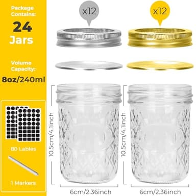 CycleMore Mason Jars 8 oz, 24 Pack Canning Jars with Mixed Color Airtight Lids, Half Pint Canning Jar Ideal for Fermenting, Jam, Honey, Pickling, Wedding/Shower Favors, DIY Decors - Image 2