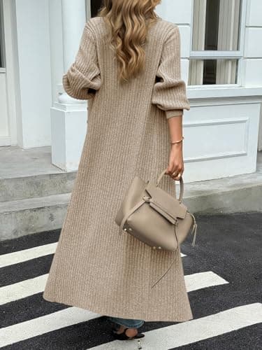 Saodimallsu Womens Long Cardigans V Neck Button Down Chunky Knit Dusters Sweater Coat Fall Trendy Maxi Sweater Dress Apricot - Image 4