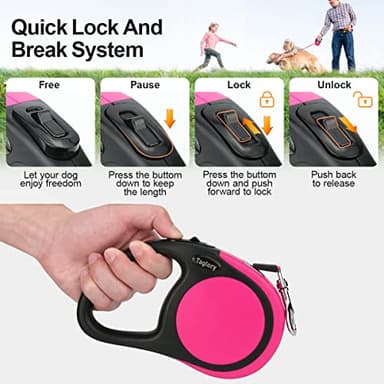 Taglory Retractable Dog Leash, 16ft No Tangle Leash Retractable for Small Medium Dogs Up to 44 lbs, One-Handed Brake, Pause, Lock, Pink - Image 4