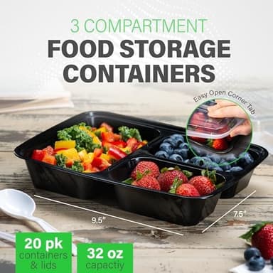 Ez Prepa [20 Pack] 32oz 3 Compartment Meal Prep Containers with Lids - Bento Box - Plastic - Stackable, Reusable, Microwaveable & Dishwasher Safe - Image 7