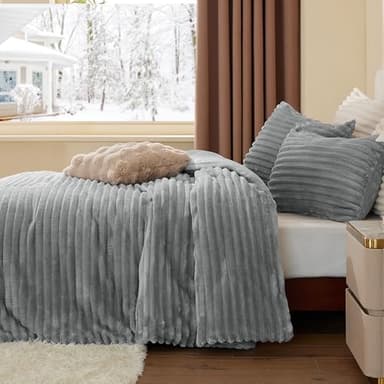 BEDELITE Fleece Queen Comforter Set -Super Soft & Warm Fluffy Light Grey Bedding, Luxury Fuzzy Heavy Bed Set for Winter with 2 Pillow Cases - Image 4