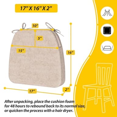 AAAAAcessories D-Shaped Chair Cushions, 2" Thick Dining Chair Pads with Ties and Removable, Machine-Washable Cover, 17" x 16", Set of 6, Oatmeal Beige - Image 2