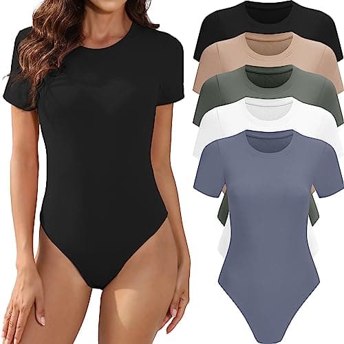 MLYENX 5 Pack Body Suits for Womens Short Sleeve Round Neck Casual Stretchy Basic T Shirt Bodysuit Tops XL - Image 1