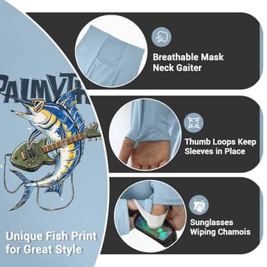 Palmyth Mens Fishing Shirts UV Sun Protection Vented Hoodie Long Sleeve with UPF 50+ Neck Gaiter Light Blue Marlin Guitar X-Large - Image 2