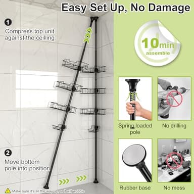 Shower Caddy Tension Pole, Rustproof Corner Shower Caddy Bathroom Organizer 4 Tier Adjustable Shelves for Inside Shower Bathtub Shampoo Accessories Storage Rack, Floor to Ceiling Standing Bath Rack - Image 6