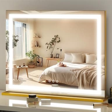 FENNIO 23" x 18" Vanity Mirror with Lights，LED Makeup Mirror，Hollywood Mirror with 3 Color Modes & Adjustable Brightness，Vanity Mirror Square Gold - Image 1