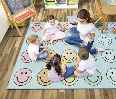 Flagship Carpets Schoolgirl Style Pastel Rainbow Smileys Criss-Cross Applesauce Educational Area Rug for Kids Room, Children's Classroom for Teaching and Playroom, 7'6" x 12', Multi, Seats 28 - Image 2