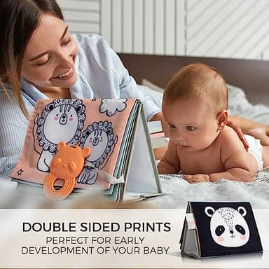 Soft Tummy Time Book w/ Large Stimulating Baby Safe Mirror - Fun High Contrast Montessori Toy w/ Mirror, Crinkle Filling & Silicone Teether - The Perfect Toy For Safe Early Newborn/Infant Development - Image 3