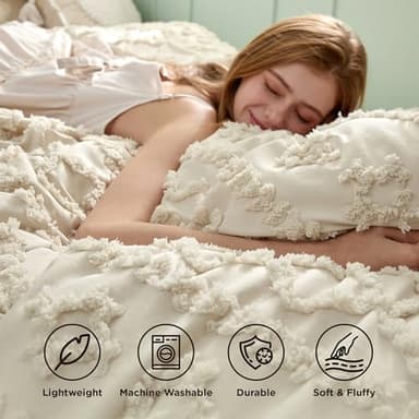 Bedsure Tufted Boho Comforter Set Twin Size - Beige Boho Bed Set, GentleSoft™ 2 Pieces Farmhouse Shabby Chic Embroidery Bedding, Gifts for Woman, Soft Jacquard Twin Comforter for All Seasons - Image 4
