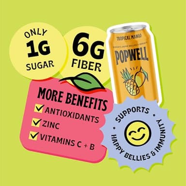 Popwell Tropical Mango Better-For-You Prebiotic Soda, with 6g Fiber, 1g Sugar, Vitamins and Immunity Support, 12 fl oz Cans (pack of 12) - Image 3