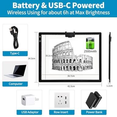 KOBAIBAN Wireless A3 LED Light Pad with Foldable Stand, Top Clip, 3 Colors/Stepless/ 6-Level Dimmable Brightness Rechargeable tracing Light Box/Board for Cricut Vinyl, Weeding Tool, Diamond Painting - Image 2