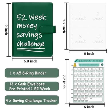 Antner 52 Week Money Saving Challenge Binder with 1-52 Week Cash Envelopes, A5 Budget Binder Savings Challenges Book with 4 Challenge Tracker to Save $5,200 and $2,600 and $10,000 and DIY, Dark Green - Image 5