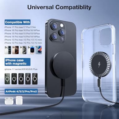 Magnetic Wireless Charger for iPhone: Compatible with Magsafe Charger iPhone 17 16 15 14 13 12 Series & Airpods 4 3 2 Pro-Fast 15W Max Charging Pad Strong Magnet, Dual USB-C/A Ports-Home Office Travel - Image 2