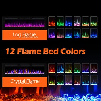 BETELNUT 60" Electric Fireplace Wall Mounted and Recessed with Remote Control, 750/1500W Ultra-Thin Wall Fireplace Heater W/Timer Adjustable Flame Color and Brightness, Log Set & Crystal Options - Image 3