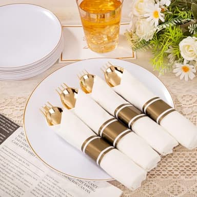 KIRE 350 PCS White and Gold Plates Disposable - Elegant Dinnerware Set of 50 Guest, White Plastic Plates With Gold Rim, Pre Rolled Napkins with Silverware & Cups for Thanksgiving Party/Wedding - Image 6