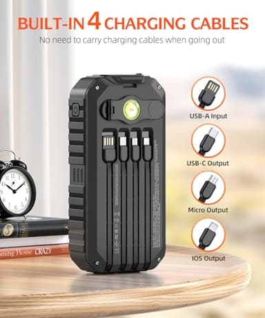 QiSa Solar Charger Power Bank 40000mAh Built in 4 Cables and Hand Crank, Portable Charger 22.5W Fast Charger 6 Outputs & 4 Inputs External Battery Pack with Bright Flashlight and Compass - Image 3