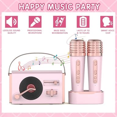 WowMoment Mini Karaoke Machine for Kids&Adults, Portable Bluetooth Speaker with 2 Wireless Microphones and Charging Pod, Stereo Sound Enhanced Bass and 5 Unique Sound, Gifts for Girls, Pink - Image 5