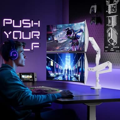 ARES WING Dual Monitor Arm Desk Mount for 17-49 Inch Ultrawide Monitors, Heavy Duty Dual Monitor Mount Holds 44 lbs, Full Motion Gas Spring Vertical Stacked Monitor Mount, 75/100 VESA Mount, White - Image 8