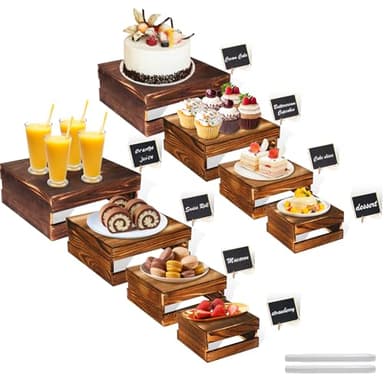 8 Pcs Buffet Risers with Mini Signs, Rustic Wood Cake Stands, Food Risers for Buffet Table, Dessert Display Stand, Wood Crates, Rustic Cake Stand for Party, Wedding, Birthday, Baby Shower, 4 Sizes - Image 1