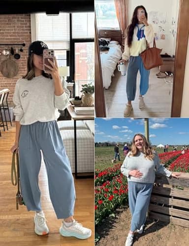 Xiaoxuemeng Womens Baggy Wide Leg Pants Casual Elastic Waisted Palazzo Harem Pants with Pockets(Dustyblue-S) - Image 3