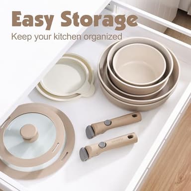 SENSARTE 17 Piece Ceramic Pots and Pans Set, Nonstick Detachable Handle Cookware, Induction Kitchen Cookware Set with Removable Handle, Dishwasher ＆ Oven Safe (Almond Beige) - Image 3