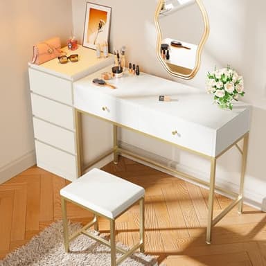 SUPERJARE 43-inch Modern White & Gold Desk - 2 Drawer Vanity, Computer & Home Office Study Desk for Writing & Bedroom - Image 7