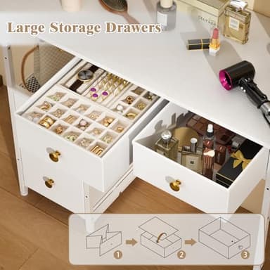 3IngSeagulls White Vanity Desk Without Mirror, Small Makeup Desk with 4 Fabric Drawers, 33.5 Inches Dressing Table with Storage, Vanity Table for Bedroom with Hook, White - Image 7
