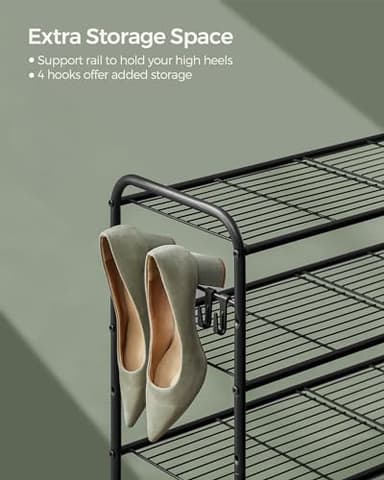 SONGMICS Shoe Rack, 3-Tier Shoe Organizer, Metal Shoe Shelf Storage with 4 Side Hooks, Holds 18 Pairs of Shoes, Height-Adjustable Shoe Rack for Entryway, Hallway, Closet, Easy Assembly, Ink Black - Image 7
