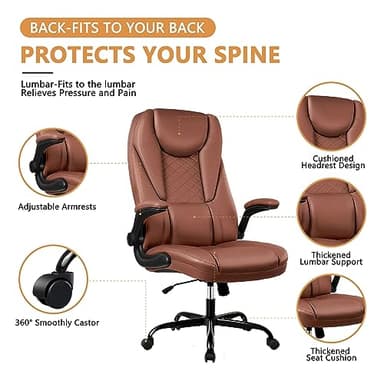 Guessky Big and Tall Office Chair with Flip-Up Arms High Back Desk Leather Office Chair with Lumbar Support, Brown - Image 3