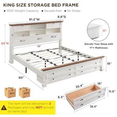 Farmhouse King Size Bed Frame with 54" Tall Storage Bookcase Headboard, Wood Platform Bed Frame with 2 Drawers & 18" Tall Roman Column Decoration Footboard, No Box Spring Needed(Antique White) - Image 2