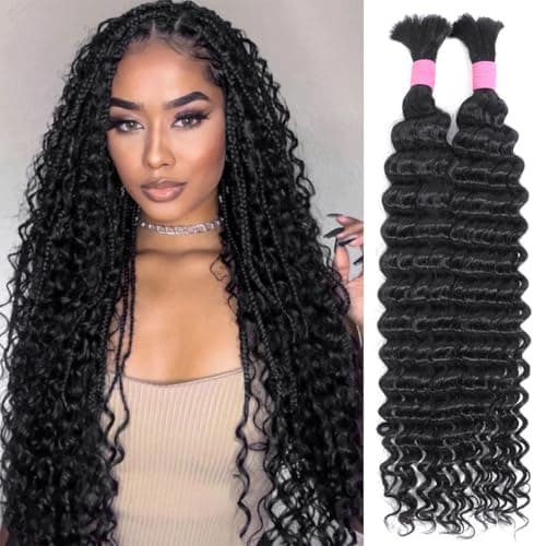 Human Braiding Hair for Boho Braids 24 Inch 2 Bundles 100g Deep Wave Bulk Human Boho Hair for Braiding 12A Virgin Curly Human Hair for Boho Knotless Braids Human Hair Bundles (Natural Color, 24 Inch) - Image 1