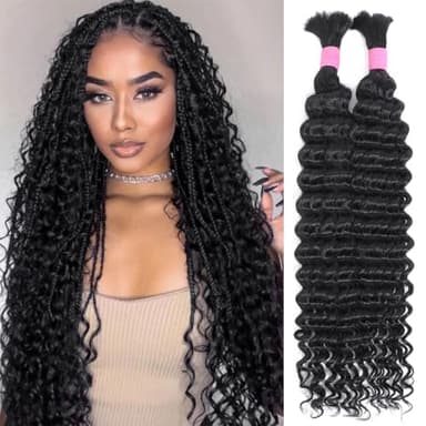 Human Braiding Hair for Boho Braids 24 Inch 2 Bundles 100g Deep Wave Bulk Human Boho Hair for Braiding 12A Virgin Curly Human Hair for Boho Knotless Braids Human Hair Bundles (Natural Color, 24 Inch) - Image 1