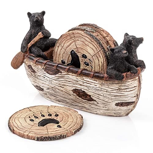 Bear Coasters Set of 6 Full Size Rustic Coasters in Handmade Canoe with Adorable Black Bear Figurines | Black Bear Log Cabin Decorations, Rustic Lodge Decor for The Home - Image 1