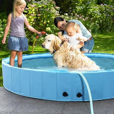 87" Large Dog Pool with Sprinkler, 2-in-1 Foldable Swimming Pool Non-Slip Hard Plastic Splash Sprinkler Kiddie Pool for Outdoor Backyard Kids Dogs Ducks and Pet Baths - Image 8