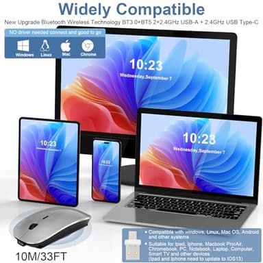 Kovess Mouse for Laptop Wireless Bluetooth - MacBook Air Mac Pro PC iPad Optical Rechargeable Silent Mouse with Jiggler Dual Mode Switch Bluetooth 5.2/3.0 and 2.4GHz USB-A and Type-C Receiver Silvery - Image 2