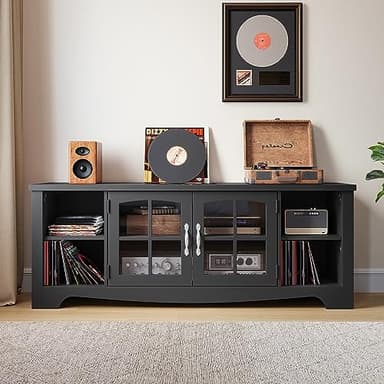 LINSY HOME Farmhouse TV Stand for 65 Inch TV, Wood Entertainment Center with Glass Door Storage Cabinet & Adjustable Shelves, Sturdy TV Console Table for Living Room Bedroom, Black - Image 3