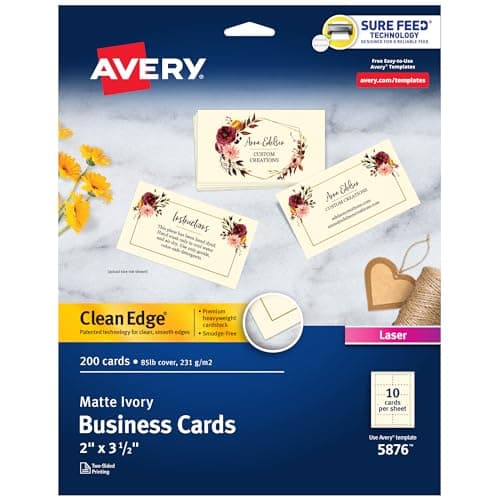 Avery Clean Edge Printable Business Cards with Sure Feed Technology, 2" x 3.5", Ivory, 200 Blank Cards for Laser Printers (5876) - Image 1