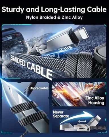 SHEZI [Upgraded 2.0] 4-in-1 USB C Cable 60W 5FT Compatible with Lightning Cable [Fast Charging & Data Transfer] Flat Braided Multi Charger Cord Combo with L/USB C/A Port for iPhone/iPad & All Devices - Image 5