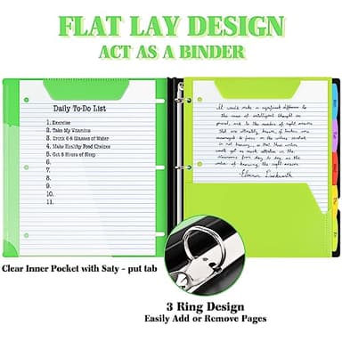 INFUN All-in-one Telescoping Binder Notebook - 2PCS，Refillable 3 Ring Notebook Binder with 1 Plastic Movable Pocket Folder,5 Plastic Subject dividers and Graph Paper and College Ruled Paper - Green - Image 3