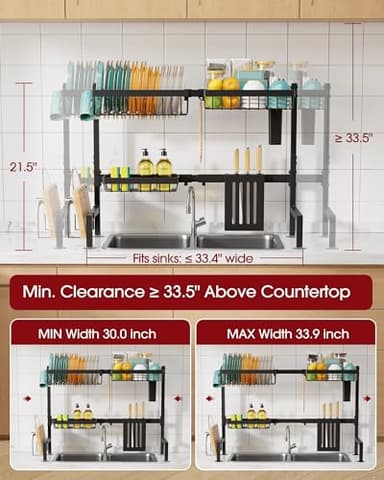 Sakugi Over The Sink Dish Drying Rack - Adjustable 2 Tier Large Capacity Stainless Steel Drainer with Cutlery & Utensil Holders, Kitchen Storage & Organization, 30"-33.9" L x 11" W x 21.5" H, Black - Image 3