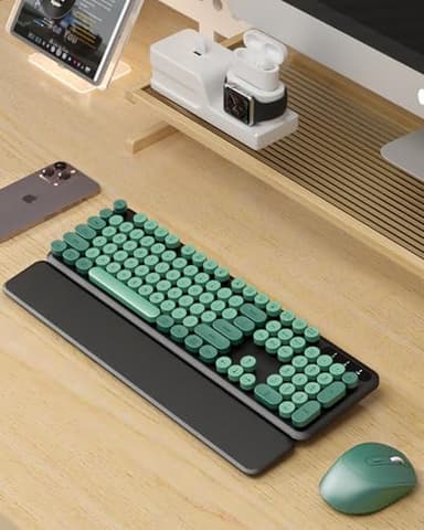 Wireless Keyboard and Mouse Combo - Cute Typewriter Keyboard with Detachable Wrist Rest, Retro Round Keycaps, Foldable Legs, 2.4GHz Keyboards for PC Laptop, Mac, Windows - Trueque (Black and Green) - Image 2