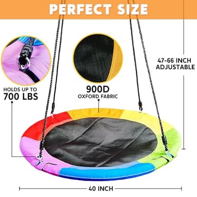 TURFEE 40" Saucer Tree Swing for Kids - 900Lb Weight Capacity, 900D Waterproof Oxford Fabric Platform Swing Seat with Adjustable Ropes for Kids Playground Outdoor Activity Backyard Fun (Rainbow) - Image 2