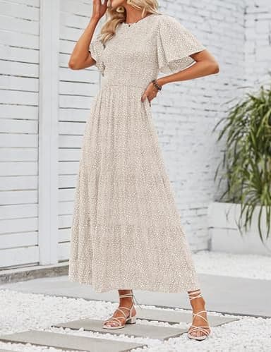 ZESICA Women's 2025 Summer Casual Floral Print Short Flutter Sleeve Crew Neck Smocked High Waist Flowy Maxi Dress,Beige,Large - Image 4