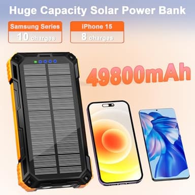WONGKUO Solar Charger Power Bank - 49800mAh Solar Phone Charger with USB-C in/Output, QC 3.0 Fast Charging with LED Flashlight, Portable Power Bank Built-in 4 Cables, IP65 Waterproof Fits for Outdoor - Image 4